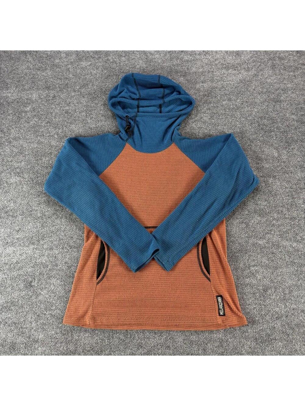 Melanzana Women's Two-Tone Orange Blue Hooded Microgrid Pullover Sweatshirt Sm